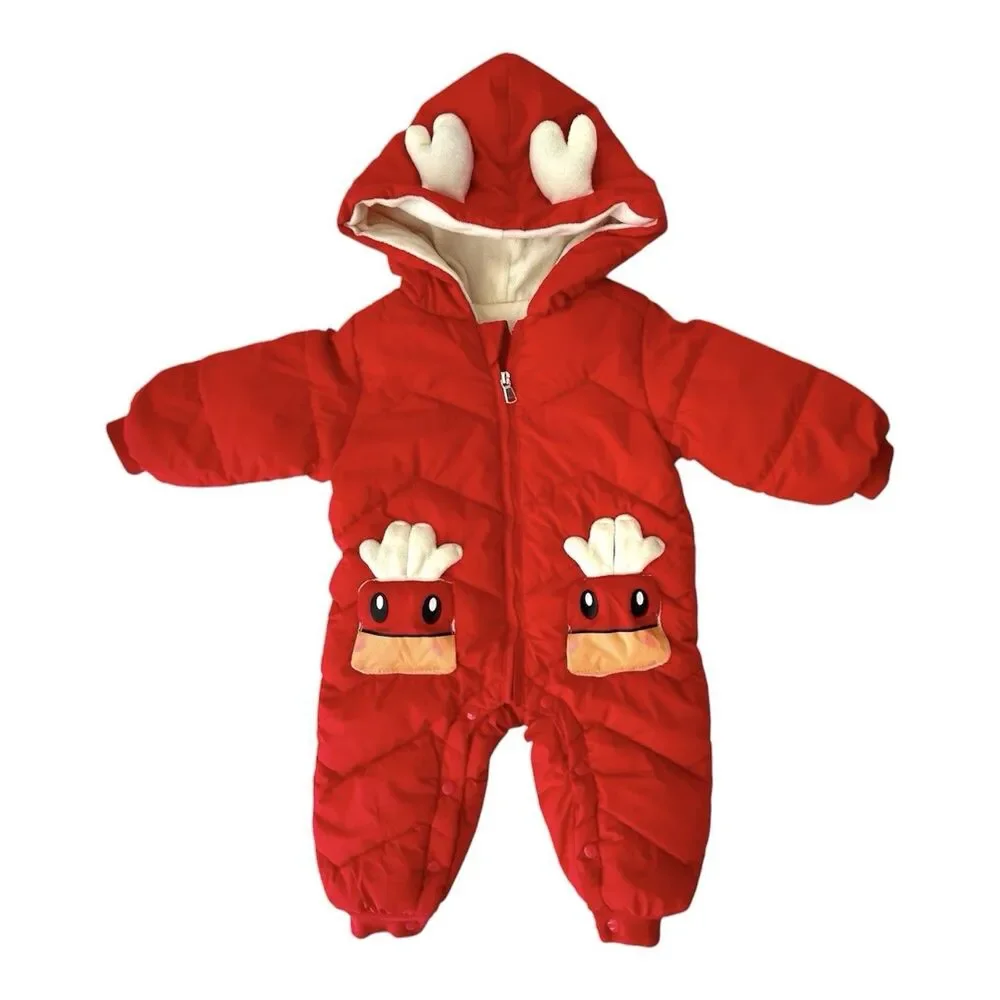 NWOT Baby Reindeer Hooded Winter Snowsuit Jumpsuit Red 12-18M